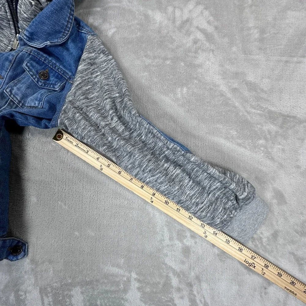 Mocam Trucker Jacket Boys 150 Blue Denim Elbow Patch Distressed Hooded Full Zip
